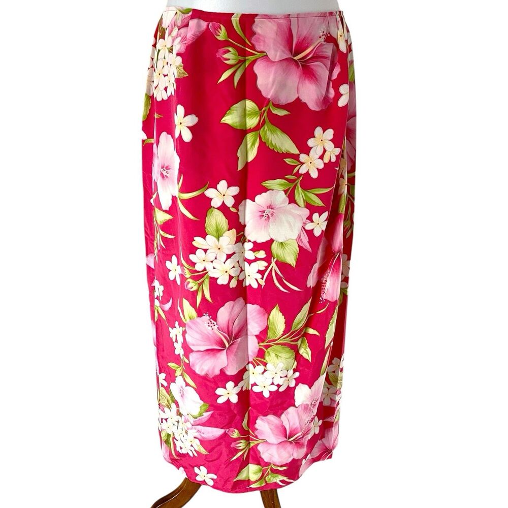 Vtg 90s Talbots Pure Silk Floral Tropical Print Faux Wrap Midi Skirt Lined 12